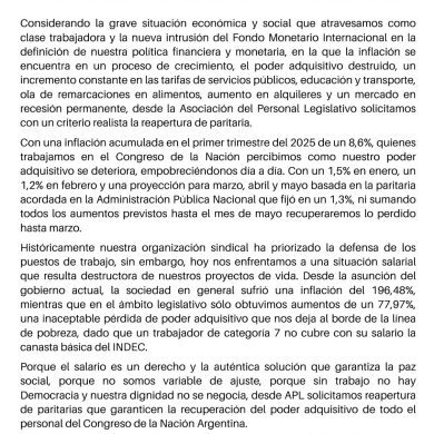 "Comunicado de APL sobre reapertura de paritarias por pérdida salarial - abril 2025"