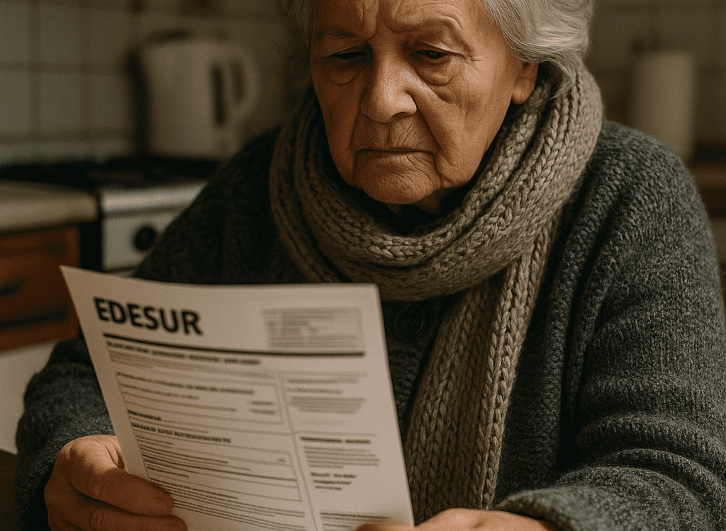 Mujer mayor en su casa revisando una factura de electricidad — impacto humano de la crisis energética en Argentina 2025