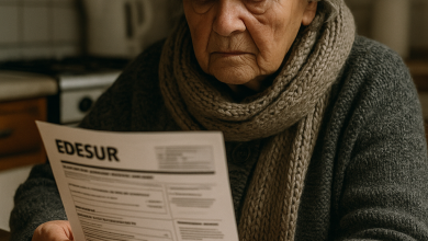 Mujer mayor en su casa revisando una factura de electricidad — impacto humano de la crisis energética en Argentina 2025