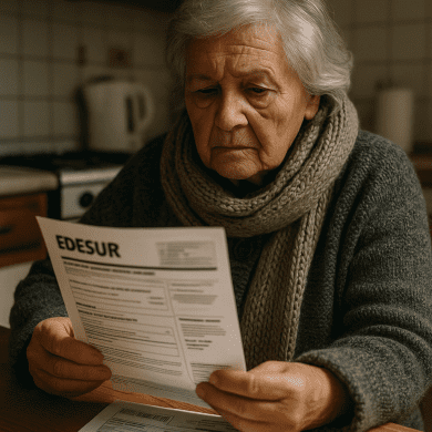 Mujer mayor en su casa revisando una factura de electricidad — impacto humano de la crisis energética en Argentina 2025