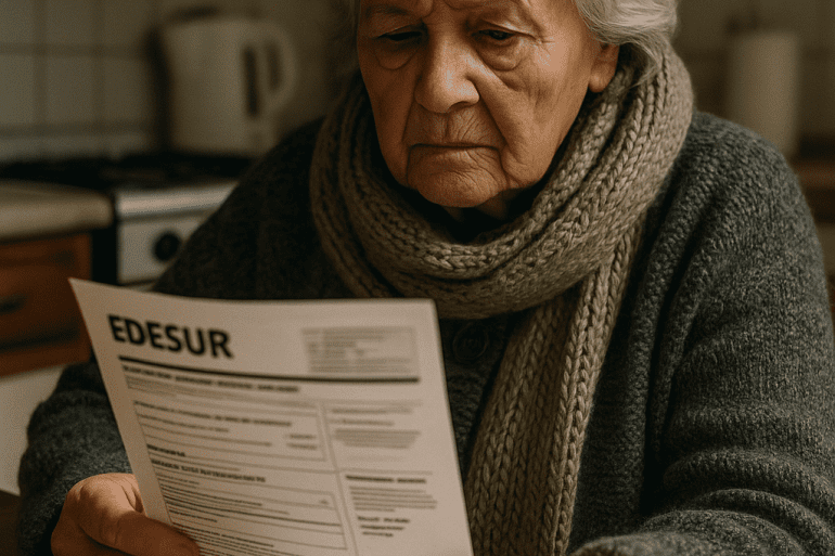 Mujer mayor en su casa revisando una factura de electricidad — impacto humano de la crisis energética en Argentina 2025