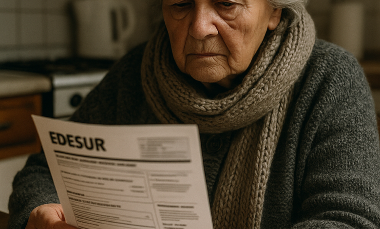 Mujer mayor en su casa revisando una factura de electricidad — impacto humano de la crisis energética en Argentina 2025